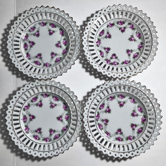4 Vintage GERMANY PIERCED PLATES / Transfer Print Pink Roses / Reticulated Rare - Picture 1 of 8